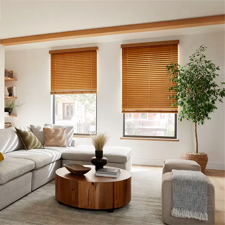 Wood venetian blinds in a living room