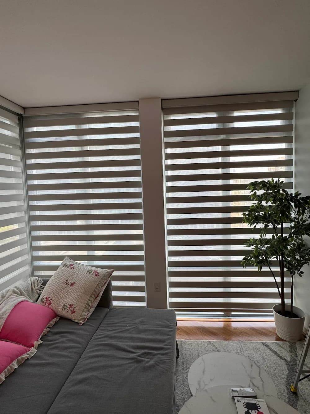 Zebra shades installation in a living room