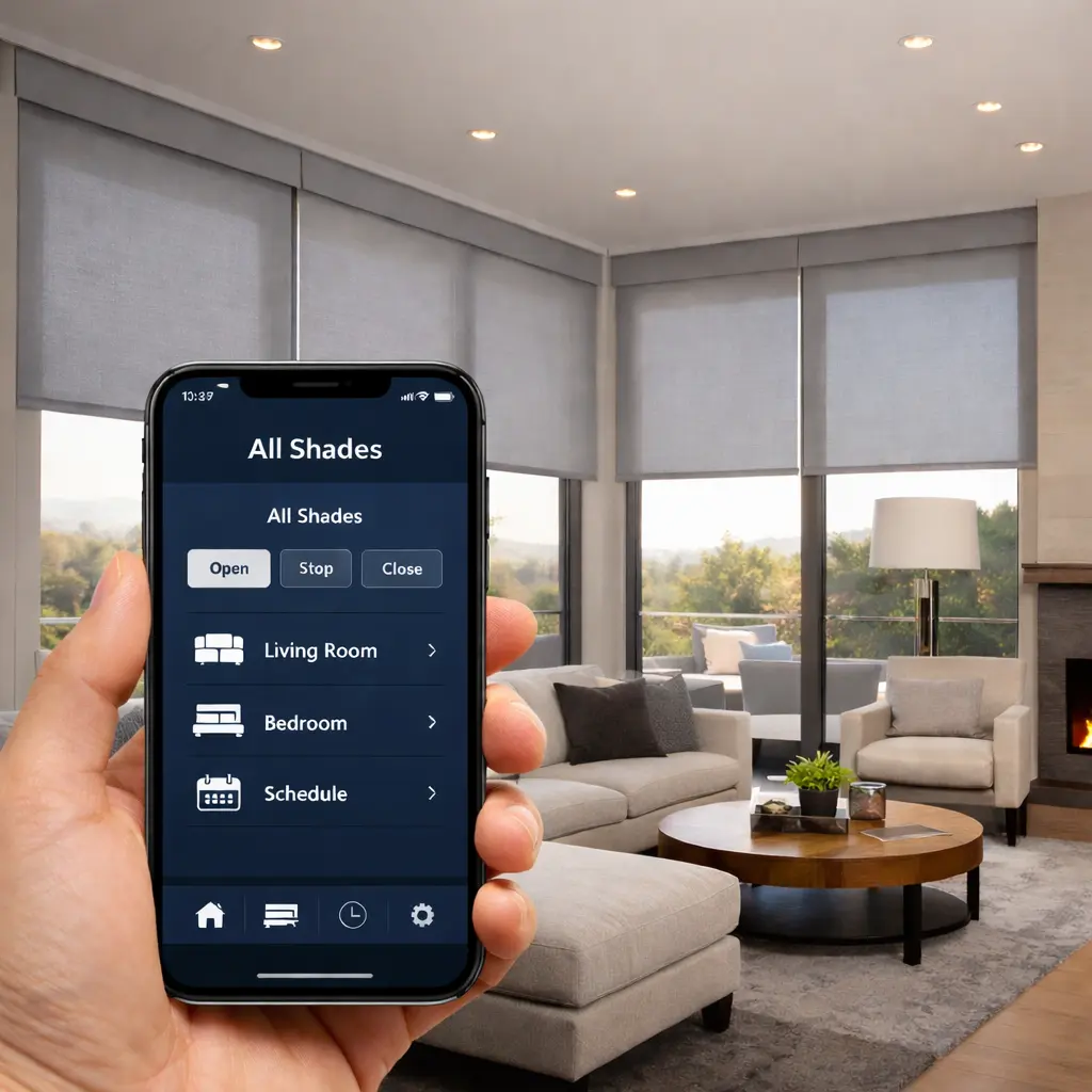 Smart home app showing shade controls